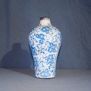 Vintage-Inspired Blue and White Floral Chinoiserie Distressed Ceramic Vase